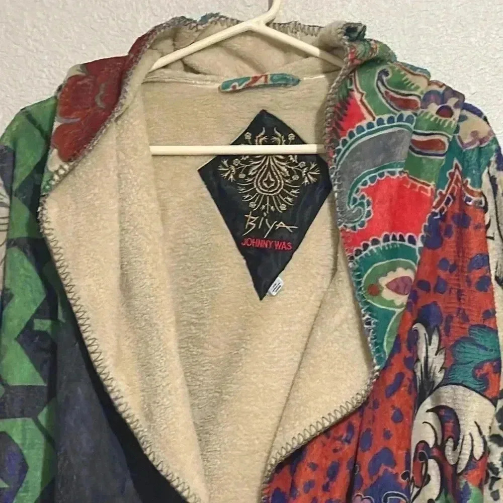 Johnny Was Peace Love Long Sleeve Sherpa Pullover Hoodie Colorful Boho Fuzzy - Picture 3 of 6